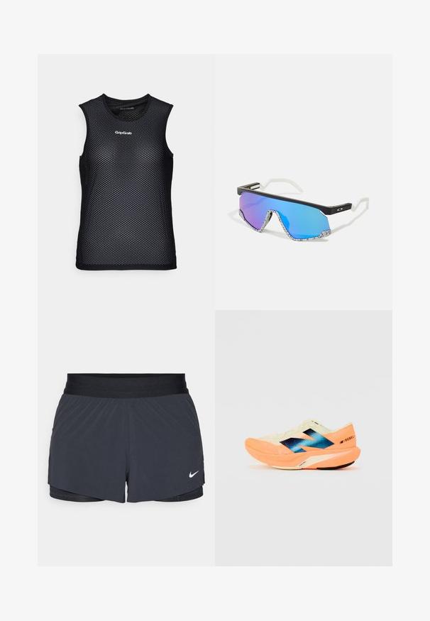Melns bez piedurknēm acs t-krekls ar apaļu kakla izgriezumu, kas piedāvā elpojošu dizainu un GripGrab logotipu priekšpusē. Tekstūrēta izskata.; Melnas sporta šortus ar elastīgu jostu, ar slāņotu dizainu un mazu balto Nike logo apakšējā kreisajā stūrī. Viegls materiāls.; Skriešanas apavi ar vieglu krēmkrāsas augšdaļu, zilu zīmolu un oranžiem akcents uz zoles. Acu tekstūra gaisa caurlaidībai.; Sporta saulesbrilles ar melnu rāmi, baltām akcentiem un zilām gradienta spoguļlēcēm. Struktūras baltas un melnas raksta pakāpiena.