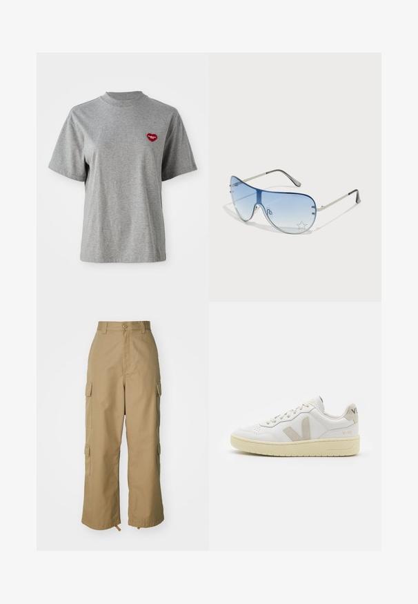 Pelēka īsā piedurkne T-krekls ar mazu sarkanu sirds formas uzšuvumu kreisajā krūtīs, kas lasa "Carhartt WIP."; Bēša kravas bikses ar augstu jostasvietu, platām kājām un četriem lieliem sānu kabatām. Izgatavotas no izturīgas auduma ar gludu tekstūru un minimālām detaļām.; Baltas ādas sporta apavu pāris ar bēšiem zamša akcentiem, caurumiņu purngalā, plakanu šņorēšanu un teksturētu krēmkrāsas zoli. Iezīmējas ar diskrētu zīmolu uz papēža.; Pilotstila saulesbrilles ar gradienta zilām lēcām, sudraba metāla rāmjiem un dekoratīvām zvaigžņu akcentiem uz lēcām. Gluda un eleganta dizaina.