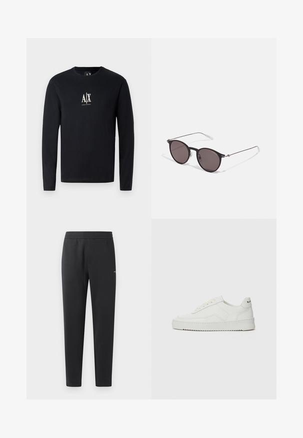 Tricou negru cu mânecă lungă, din bumbac, având un logo alb A|X pe piept. Are un guler rotund și un design cu tiv drept.; Pantaloni de jogger negri, confecționați dintr-un material moale, cu un brâu elastic, picioare drepte și un detaliu mic cu logo pe lateral.; Sneakers din piele albă cu un finisaj neted, vârf rotund, șireturi plate și o talpă texturată. Prezintă un logo subtil pe călcâi.; Ochelari de soare negri rotunzi cu lentile întunecate și brațe metalice subțiri. Include vârfuri transparente pentru brate și accente argintii la balama. Design minimalist.