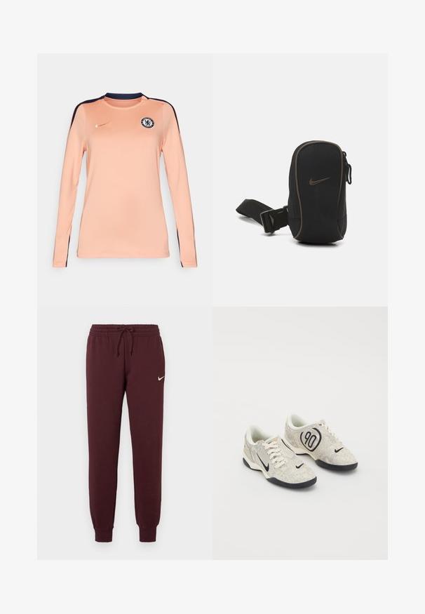 Jersey z długim rękawem w jasnym brzoskwiniowym kolorze z granatowymi akcentami, z okrągłym dekoltem, logo Nike oraz herbem Chelsea FC na piersi.; Bordowe dresy z elastycznym pasem i sznurkiem. Posiadają ściągacze u dołu nogawek oraz małe białe logo Nike na lewym udzie. Gładka tekstura.; Sneakers Nike z beżową i szaro teksturowaną cholewką, czarnymi akcentami, dużym logo "90" oraz białym wiązaniem. Czarna podeszwa.; Czarna saszetka Nike z zamknięciem na zamek, teksturowany materiał, brązowe akcenty i odczepiany pasek. Na przedzie widnieje wyraźne logo Nike.