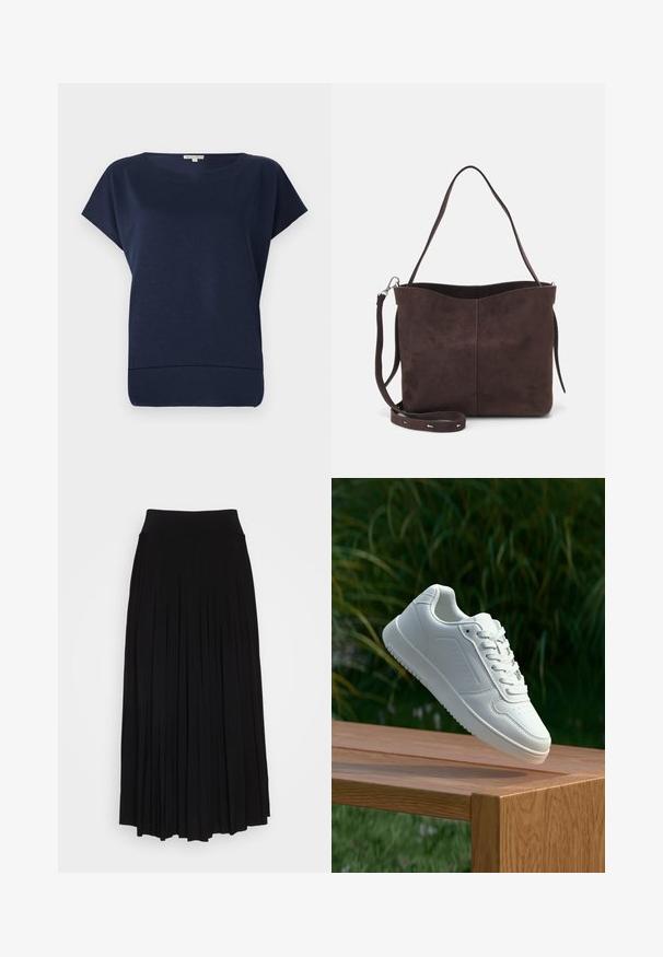 Granatowa bluzka z krótkim rękawem o luźnym kroju, okrągłym dekolcie i subtelną fakturze. Miękka tkanina z lekko zakrzywionym do góry dołem.; Czarna plisowana spódnica z wysokim, elastycznym pasem. Wykonana z miękkiego materiału, z pionowymi plisami, które tworzą zwiewny kształt.; Biały sneaker z gładką syntetyczną cholewą, perforowanym noskiem, płaskimi sznurowadłami i teksturowaną podeszwą, wyeksponowany na drewnianej powierzchni.; Brązowa surowa torba na ramię o miękkiej fakturze, z pojedynczym paskiem na ramię i subtelnym, zakrzywionym otwarciem u góry. Brak widocznych detali metalowych.