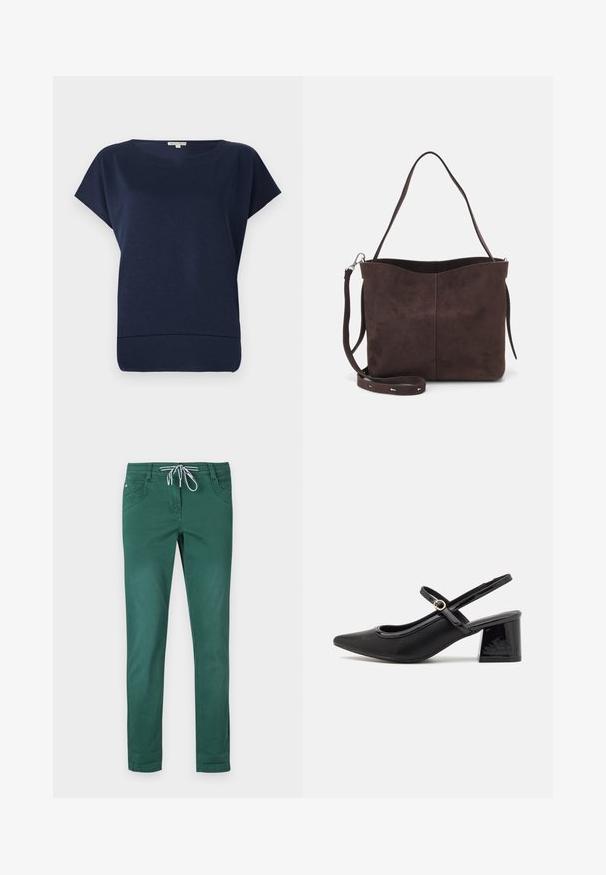 Tamsiai mėlynas trumpa rankovė viršus, pasižymintis laisvu siluetu, apvaliu iškirpimu ir subtilia tekstūra. Minkšta medžiaga su hemu, kuris šiek tiek kyla į viršų.; Žalios medvilnės mišinio kelnės su tiesiu siluetu, su raišteliu reguliuojama liemeniu ir dviem priekinių kišenių. Lygi tekstūra ir be raštų.; Juodi patentinio odos slingback aukštakulniai su smailiu pirštu, apvaliu išpjovimu ir blokiniu kulnu. Papuošti auksiniu juostos akcentu.; Ruda suede audinė su minkšta tekstūra, turinti vieną petį ir subtilų kreivinį viršutinį atidarymą. Matomų metalinių detalių nėra.