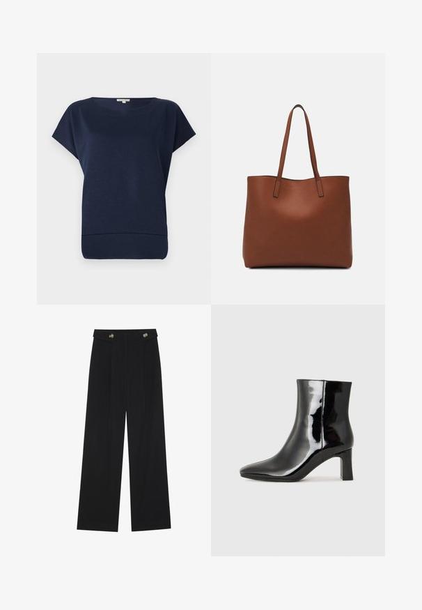 Námornícky modrý top s krátkym rukávom s voľným strihom, okrúhlym výstrihom a subtílnou textúrou. Mäkkučká látka s lemom, ktorý sa mierne zdvíha nahor.; Čierne široké nohavice s vysokým pásom, so zapínaním na gombíky na páse a prednými sklady.; Čierne lakované členkové topánky s špicatou špičkou a stredne vysokým blokovým podpätkom. Hladká textúra a minimalistický dizajn.; Hnedá kožená taška na rameno s hladkou textúrou, otvoreným vrchom a dvoma ramenými popruhmi. Má minimálne šitia a žiadne viditeľné kovania.