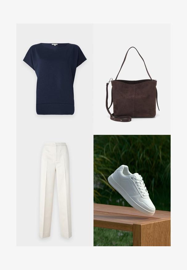 Top de culoare bleumarin, cu mânecă scurtă, caracterizat printr-o croială lejeră, guler rotund și o textură subtilă. Material moale, cu o margine care se curbează ușor în sus.; Pantaloni de culoare crem, cu o croială ajustată, având picioare drepte, material neted, pliseuri frontale și tiv curat. Design minimalist.; Sneaker alb cu un upper sintetic neted, cu vârf perforat, șireturi plate și o talpă texturată, expus pe o suprafață de lemn.; Geantă tote din suede maro, cu o textură moale, având un singur mânere pentru umăr și o deschidere superioară subtil curbată. Fără detalii hardware vizibile.