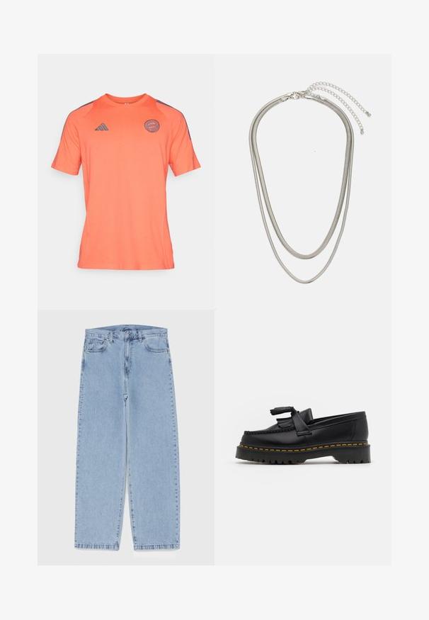 Camiseta deportiva de manga corta en tono rosa-naranja, hecha de una tela suave, con cuello redondo y detalles en gris oscuro en los hombros y el logo.; Jean de mezclilla azul claro con diseño de pierna recta, con una cintura de altura media, cinco bolsillos y un cierre de botón y cremallera.; Mocasín de cuero negro con un acento de borlas, que presenta una suela gruesa negra y costuras amarillas a lo largo del borde. Acabado texturizado.; Collar de metal plateado de tres capas que presenta cadenas flexibles y elegantes con un ligero brillo, asegurado con un cierre de langosta y cadena ajustable.