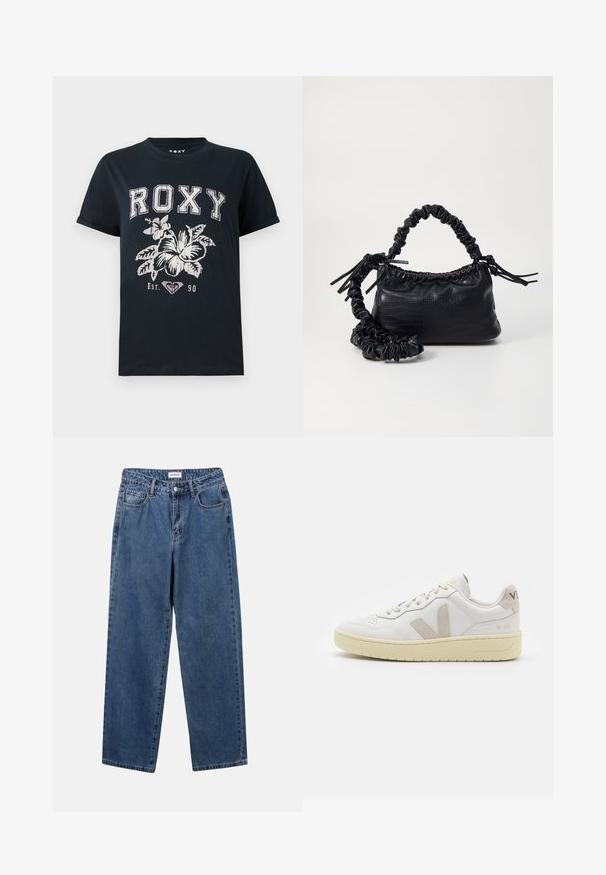 Sort bomulds T-shirt med teksten "ROXY" i hvid, med et blomsterdesign og et hjerte symbol. Korte ærmer og en afslappet pasform.; Klassiske blå denimbukser med lige ben, fem lommer og knaplukning. Har en medium vask og en robust tekstur.; Hvide lærreds sneakers med beige ruskindsdetaljer, perforeret tåboks, flade snørebånd og en struktureret cremefarvet sål. Har diskret branding på hælen.; Sort kunstlæder håndtaske med krokodilteksur, indsnøret top og en sammenkrøben rem. Ser blød og kompakt ud i designet.
