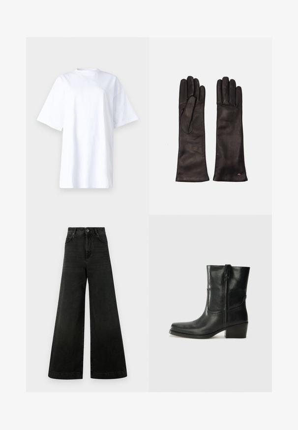 T-shirt bianco in cotone con una vestibilità comoda, maniche corte e collo rotondo. Presenta un marchio in rilievo sul davanti. Texture liscia.; Jeans a vita alta e gamba larga in denim nero scuro. Caratteristiche includono chiusura con bottoni, tasche frontali e una texture liscia con sbiaditure minime.; Stivale ankle in pelle nera con punta arrotondata, tacco a blocco, cerniera laterale e dettagli in cucitura sulla tomaia. Texture liscia, design classico.; Weekend Max Mara SENAPE - Guanti - nero