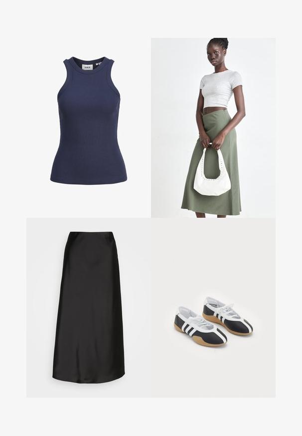 Navy blue ribbed tank top with a high neckline and sleeveless design. Features a fitted shape and stretchable texture. Tag visible inside.; Black satin midi skirt with a smooth texture, A-line shape, and a subtle sheen. Features a sleek, uncomplicated design without embellishments.; Black and white athletic shoes with a sleek design, rubber sole, lace-up closure, and three white stripes on the sides.; Gray ribbed crop top and olive green high-waisted skirt. Model holds a white shoulder bag with cut-out detailing. Simple design, fitted silhouette.