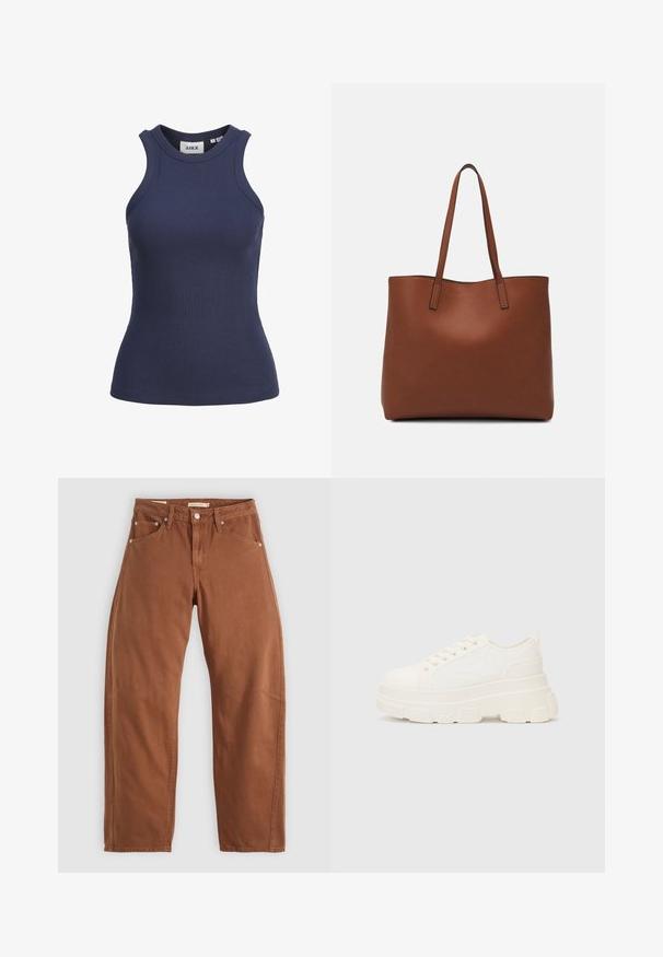 Tumedablu ribaga tank top kõrge kaelusega ja ilma varrukateta. Omab vormi kohanduvat ja venitatavat tekstuuri. Sildi nähtavus seest.; Rostpruun sirged püksid ees- ja taga-taskutega, metallist nurgad, nööbiga sulgemine ja vööloopidega, lamades tasaseks valgel taustal.; Valge kangast tennis, millel on paks tald, ümar varvas ja viis augukeed lakkide jaoks. Tagumine silt lihtsaks jalga panemiseks. Sile tekstuur, minimalistik disain.; Pruun nahast tote-kott, millel on sile tekstuur, avatud ülaosa disain ja kaks õlarihma. Omab minimaalset õmblust ja nähtavat riistvara ei ole.