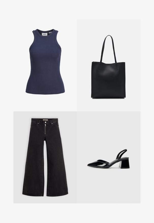 Mørkeblå rippet tanktop med høy hals og uten ermer. Har en tettsittende fasong og elastisk tekstur. Merke synlig inni.; Vide benbukser i sort denim med glidelås i front, fem-lomme design og subtile sømdetaljer. Glatt tekstur og avslappet stil.; Svarte patentlær slingback hæler med spiss tå og geometrisk blokk hæl. Har et stilrent, minimalistisk design og jevn tekstur.; Svart lær tote bag med glatt tekstur, rektangulær form og to lange håndtak. Ingen synlige deler eller dekorasjoner.