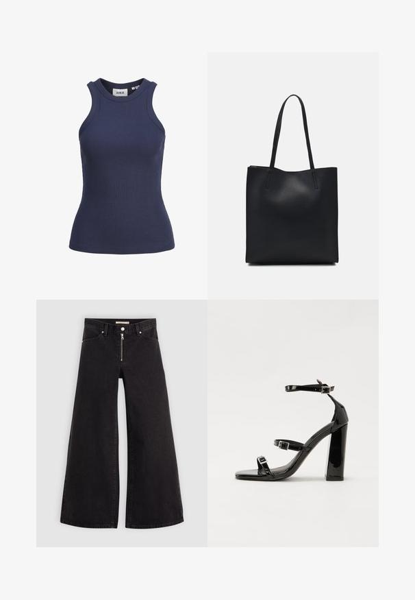Tengerészkék bordázott ujjatlan top magas nyakkal. Illeszkedő fazon és rugalmas anyag jellemzi. Címe látható belül.; Fekete denim széles szárú farmer, cipzáros elejével, öt zsebes kialakítással és diszkrét varrással. Sima textúra és laza stílus.; Fekete lakk magas sarkú szandál négyzet alakú orral, bokapántokkal és ezüst csatokat tartalmaz. Masszív blokk sarka a stabilitásért felel.; Fekete bőrtáska sima felszínnel, téglalap alakú, két hosszú füllel. Nincs látható fémkiegészítő vagy díszítés.