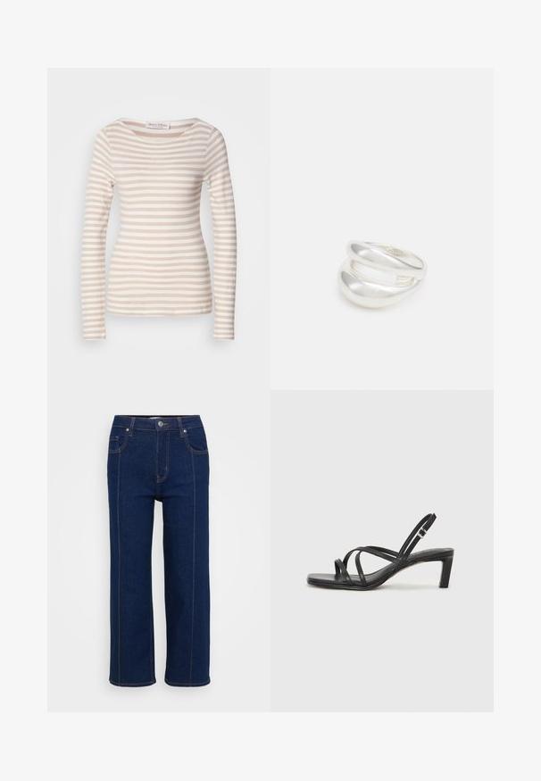 Ilgomis šoninėmis rankovėmis marškiniai, bežiniu ir baltu horizontaliu raštu, apvaliu kaklu, minkštos medžiagos, prigludusio dizaino, su etikete "Marc O'Polo."; Tamsiai mėlynos tiesaus silueto džinsai su mygtukų užsegimu, priekinėmis ir užpakalinėmis kišenėmis bei matoma oranžine siūleliu aplink siūles.; Juodi šlepetės su kvadratiniu pirštu ir žemu bloku kulnu. Yra keli ploni dirželiai ir reguliuojamas kulkšnies diržas. Pagaminti iš lygios odos.; Sidabrinis dvigubas žiedas su lygiu, poliruotu paviršiumi. Pasižymi sklandžiu, kreiptu dizainu su persipinančiomis dalimis, suteikiančiomis modernų išvaizdą.