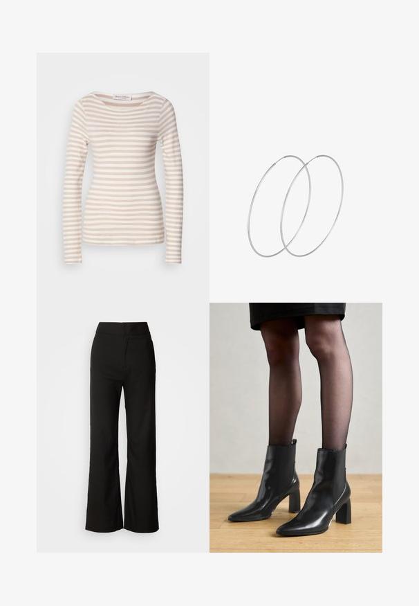 Ilgomis šoninėmis rankovėmis marškiniai, bežiniu ir baltu horizontaliu raštu, apvaliu kaklu, minkštos medžiagos, prigludusio dizaino, su etikete "Marc O'Polo."; Juodos plačios kelnės su lygiu paviršiumi, aukšta liemeni, ir švariu dizainu. Nėra matomų kišenių ar papuošimų.; Juodos odinės aulinės botai su smailiu priekiniu galiuku, masyviu kvadratiniu kulnu ir elegantišku dizainu. Yra elastingos šoninės detalės, kad būtų lengva užsidėti.; Sidabrinės pusmėnulio auskarai minimalistiniu dizainu. Apskritimo forma, lygus paviršius ir plonas profilis. Lengvi su poliruotu apdailu.