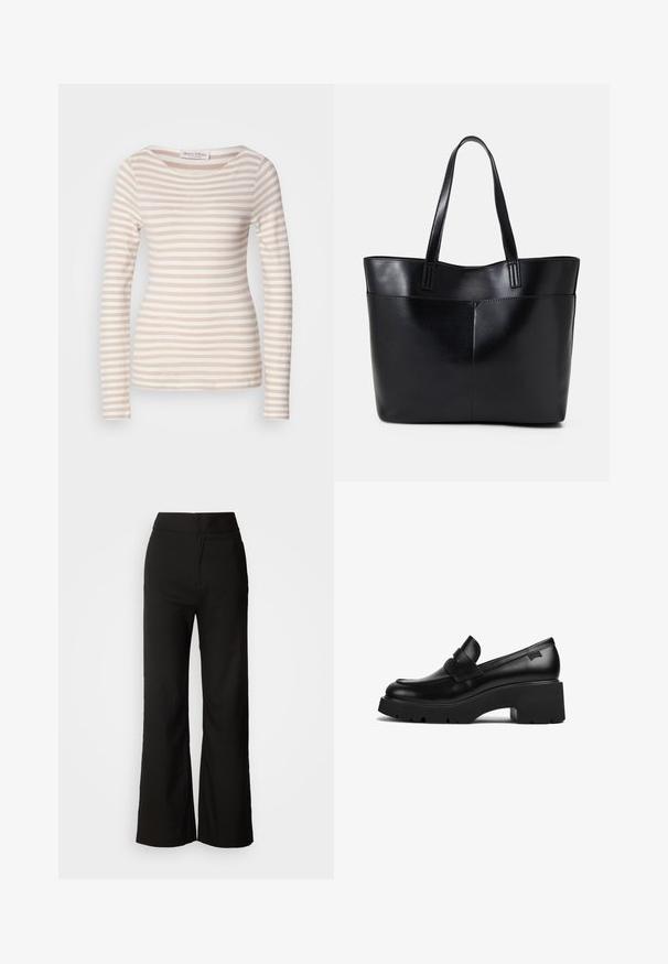 Langermet skjorte i beige og hvite horisontale striper, rund hals, myk stoff, formtilpasset design, med en etikett merket "Marc O'Polo."; Sorte vidde-bukser med glatt tekstur, høy midje og et rent design. Ingen synlige lommer eller pynt.; Svart lær loafer med tykke hæler og tykt såle med en stroppdetalj over toppen, vist fra siden på en hvit bakgrunn.; Svart lær toteveske med to lange håndtak, en glatt tekstur og en strukturert form. Har en frontlomme for ekstra oppbevaring.