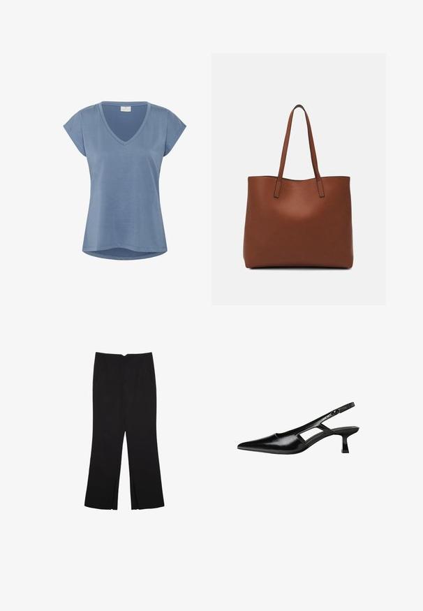 T-shirt blu con scollo a V e maniche corte. Realizzato in un tessuto morbido, presenta una vestibilità ampia e un orlo curvo. Tessuto liscio senza motivi rilevanti.; Pantaloni neri a gamba dritta, con tasche frontali e spacchi laterali all'orlo. Realizzati in tessuto morbido e liscio. Adatti a diverse occasioni.; Tacchi slingback in pelle verniciata nera con punta affusolata, design con tagli laterali e tacco quadrato piccolo. Texture liscia con dettagli minimi.; Borsa tote in pelle marrone con texture liscia, design con apertura superiore e due spallacci. Presenta cuciture minime e nessun hardware visibile.