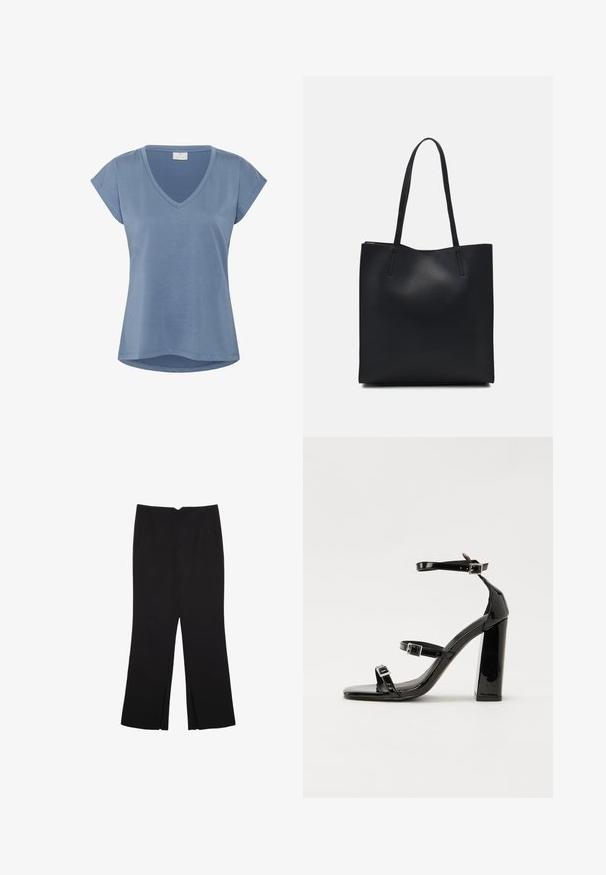 Plava V-izrez majica s kratkim rukavima. Izrađena od mekanog materijala, ima slobodan kroj i zakrivljen rub. Glatka tekstura bez uočljivih uzoraka.; Crne hlače ravnog kroja, s prednjim džepovima i bočnim prorezima na rubu. Izrađene od mekog i glatkog materijala. Pogodne za razne prigode.; Crne lakirane sandale na pete sa kvadratnim nosom, trakama oko gležnja i srebrnim kopčama. Imaju čvrst blok petu za stabilnost.; Crna kožna torba za nošenje s glatkom teksturom, pravokutnim oblikom i dvije duge ručke. Nema vidljivih metalnih dijelova ili ukrasa.