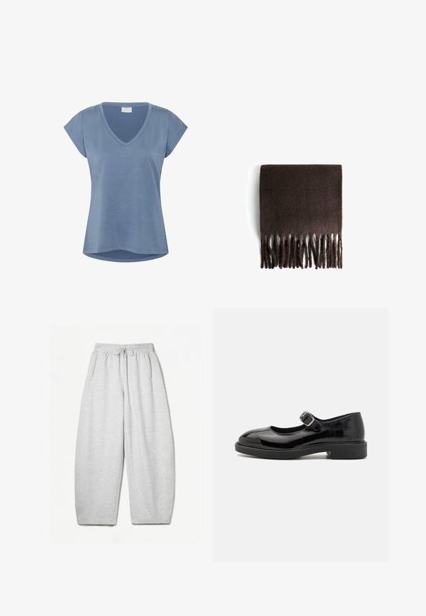 Plava V-izrez majica s kratkim rukavima. Izrađena od mekanog materijala, ima slobodan kroj i zakrivljen rub. Glatka tekstura bez uočljivih uzoraka.; Svijetlosivi dukserica s opuštenim krojem, elastičnim pojasom, vezicom i bočnim džepovima; izrađeni od mekanog, teksturiranog materijala.; Crne lakirane Mary Jane cipele s okruglim prstom, podesivim remenom s kopčom, niskom blok petom i glatkom sjajnom završnom obradom.; Smešani smeđi šal od vune s mekanom teksturom, pravokutnog oblika i resicama na rubovima. Materijal izgleda toplo i udobno, dizajniran za udobnost.