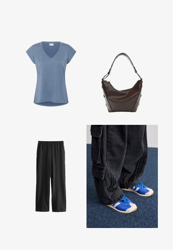 Sininen V-pääntie t-paita lyhyillä hihoilla. Valmistettu pehmeästä kankaasta, jossa on väljä malli ja kaareva helma. Tasainen pinta, jossa ei ole merkittäviä kuvioita.; Mustat, polvimittaiset housut, jotka on valmistettu kevyestä kankaasta. Jousto- ja tasapintainen vyötärö sekä suora lahkeen malli. Ei näkyviä yksityiskohtia tai kuvioita.; Henkilö, joka on pukeutunut löysiin mustiin cargo-housuihin ja sinivalkoisiin tennareihin, seisoo tummansinisellä matolla.; Tumma ruskea nahkalaukku, jossa on kaareva muoto, vetoketjusuljenta ja lyhyt kahva. Varustettu metalliosilla ja koristeellisilla mustilla nappuloilla sivuilla.