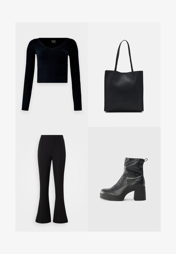 Top cropped preto de mangas longas com decote em V, textura canelada e silhueta justa. Feito de um material suave e elástico.; Calças largas pretas feitas de um tecido elástico, com uma textura suave, cintura alta e detalhes de costura na frente.; Botas de tornozelo pretas feitas de couro liso, com fecho lateral, salto grosso texturizado e design de bico arredondado.; Bolsa tote preta em couro com textura lisa, forma retangular e duas alças longas. Sem hardware ou enfeites visíveis.