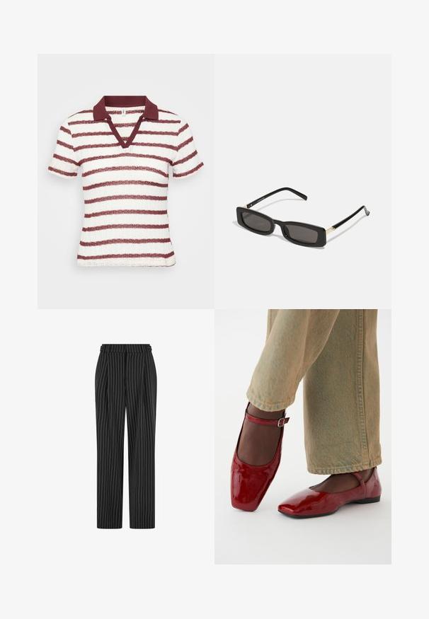 Polo a righe con maniche corte in bianco e bordeaux. Presenta un colletto a V e rifinitura a costine. Tessuto strutturato con righe orizzontali.; Pantaloni neri a righe con vita alta, frontale plissettato e design dritto. Il tessuto appare texturizzato e su misura per un look formale.; Scarpe in pelle verniciata rossa con punta quadrata, tacco basso e cinturino alla caviglia, abbinate a jeans a gamba larga verdi chiari. Texture liscia, superficie riflettente.; Occhiali da sole neri rettangolari con lenti scure, montatura in plastica lucida e accenti dorati sulle tempie. Design minimalista e forma elegante.; Orecchini a cerchio in oro con una finitura liscia e lucida. Design circolare con un piccolo perno e una chiusura trasparente per un indosso sicuro.