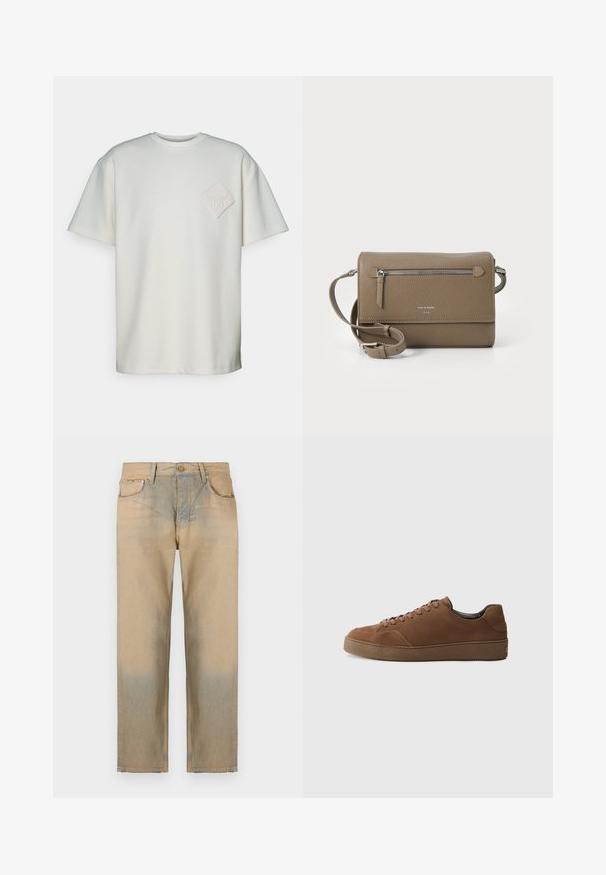 T-shirt s kratkimi rokavi iz off-white bombaža, ki ima na levem prsnem delu teksturiran diamantski žep z vbočeno zasnovo.; Bež džins hlače ravnega kroja, z bledim efektom na dnu, petimi žepi in gumbastim zapiranjem.; Rjavi semiš športni copat z zaobljenim nosom, ravnimi vezalkami in teksturirano gumijasto podplatom. Preprost dizajn z minimalnimi akcenti.; Taupe usnjena torbica čez ramo z zadrgo na sprednjem žepu, nastavljivim trakom, teksturo drobnega špaga in embosiranim logotipom spredaj.