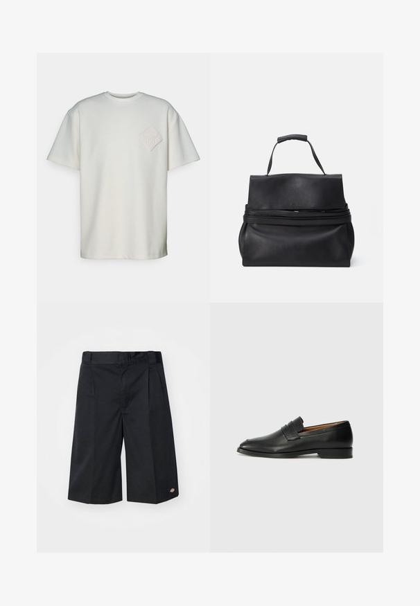 Tričko s krátkym rukávom v odtieni krémovej bavlny, s textúrovaným diamantovým nášivkom a embosovaným dizajnom na ľavej hrudi.; Čierne šortky s upraveným strihom, vybavené plochými prednými záhybmi, štandardným pásom a bočnými vreckami. Vyrobené z pevnej tkaniny.; Čierne kožené mokasíny s okrúhlou špičkou, jemným prešitím a nízkym podpätkom, s hladkou textúrou a minimalistickým dizajnom.; Čierna kožená kabelka so štruktúrovaným dizajnom, obsahujúca horné uchopenie, zipsové uzatvorenie a hladkú textúru. Jednoduchý logový akcent na prednej strane.