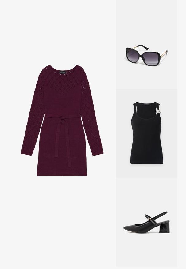 Črna žametna majica brez rokavov z okroglim izrezom, tankimi naramnicami in kovinskim detajlom na levem ramenu. Gladek cstuk, prilega se telesu.; Bordo pletena obleka z dolgimi rokavi z diamanti, okroglo izrezom in ujemajočim pasom v pasu.; Črne patentne usnjene salonarce s slingback obliko, s koničastim nosom, zaobljenim izrezom in blok peto. Imajo zlato kovinsko zaponko kot dodatno okrasje.; Črne prevelike sončne očala z degradacijskimi lečami, debelimi okvirji in zlatimi verižicami na ročajih.; Črna torbica z strukturirano obliko, gladko teksturo in kovinskim zaponko. Ujemajo se z širokimi črnimi hlačami in odprtimi sandali na lesenem tleh.
