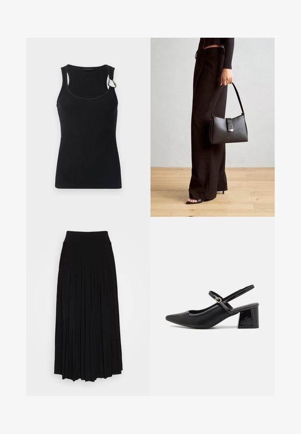 Schwarzes, geripptes Tanktop mit rundem Ausschnitt, dünnen Trägern und einem Metallakzent auf der linken Schulter. Glatte Stoffstruktur, figurbetontes Design.; Schwarzer plissierter Rock mit breitem, dehnbarem Bund. Gefertigt aus weichem Stoff, mit vertikalen Falten für eine fließende Silhouette.; Schwarze Lackleder-Slingback-Absätze mit spitzer Zehenform, einem runden Ausschnitt-Design und einem Blockabsatz. Mit einem goldfarbenen Schnallenakzent.; Schwarze Handtasche mit strukturierter Form, glatter Textur und einem metallischen Verschluss. Kombiniert mit weiten schwarzen Hosen und offenen Sandalen auf einem Holzboden.