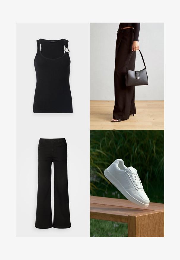Top a maniche corte nero a costine con scollo rotondo, spalline sottili e un accento metallico sulla spalla sinistra. Tessuto morbido, design aderente.; Pantaloni neri a gamba larga in tessuto denim, dotati di tasche sul davanti, chiusura con bottone e texture liscia con una finitura pulita.; Sneaker bianco con tomaia in sintetico liscio, punta perforata, lacci piatti e suola testurizzata, esposto su una superficie di legno.; Borsa nera con forma strutturata, texture liscia e una chiusura metallica. Abbinata a pantaloni neri larghi e sandali open-toe su un pavimento in legno.