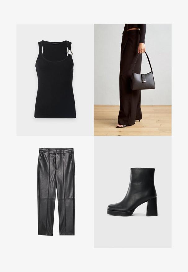 Must mustriba tank top ümmarguse kaelusega, õhukeste rihmadega ja metallaktsendiga vasakul õlal. Sile kangastekstiur, keha külge liikuva disainiga.; Mustad nahkpüksid sileda tekstuuriga, sirge lõikega, kahe eesmine taskuga ja nähtavate õmblusteta.; Must musta ankle boot, milleplokk-konts ja platvormi tallaga, vaadatud küljelt ühetoonilise valge tausta peal.; Must musta kott, millel on struktureeritud kuju, sile tekstuur ja metallist klamber. Kombineeritud laiate mustade pükstega ja avatud varvaste sandaalidega puidust põrandal.
