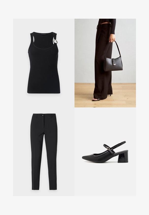 Zwarte ribbel tanktop met een ronde halslijn, dunne schouderbanden en een metalen accent op de linker schouder. Gladde stoftextuur, figuurnaaien ontwerp.; Zwarte fitted broek in een soepele stof, met een klassieke tailleband, een rits aan de voorkant en zijzakken met een slank, op maat gemaakt ontwerp.; Zwarte gepolijste leren slingback hakken met een spitse neus, een ronde uitsnede en een blokhak. Voorzien van een gouden gespaccent.; Zwarte handtas met gestructureerde vorm, gladde textuur en een metalen sluiting. Gecombineerd met brede zwarte broeken en sandalen met open teen op een houten vloer.