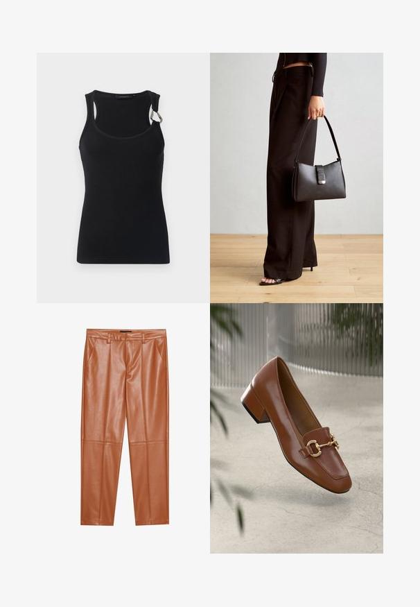 Schwarzes, geripptes Tanktop mit rundem Ausschnitt, dünnen Trägern und einem Metallakzent auf der linken Schulter. Glatte Stoffstruktur, figurbetontes Design.; Braune Kunstlederhosen mit tailliertem Schnitt, versehen mit vorderen Falten und geraden Beinen. Glatte Textur ohne sichtbare Hardware oder Akzente.; Braune Lackleder-Loafer mit quadratischer Zehenpartie, metallischem Kettenakzent und niedrigem Blockabsatz; glatte Textur, minimalistisches Design.; Schwarze Handtasche mit strukturierter Form, glatter Textur und einem metallischen Verschluss. Kombiniert mit weiten schwarzen Hosen und offenen Sandalen auf einem Holzboden.
