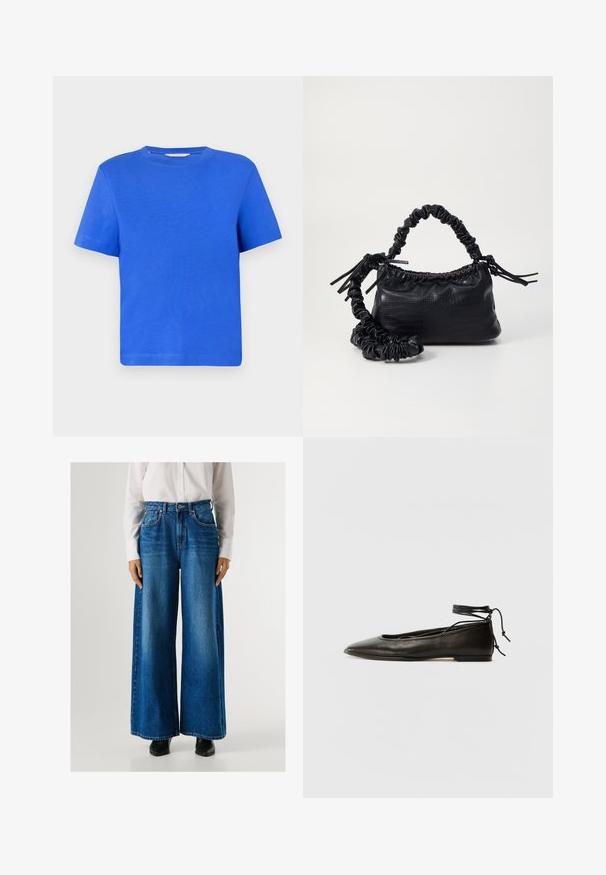 Cămașă din bumbac, cu mânecă scurtă, de culoare albastră. Prezintă un gât rotund și un design simplu, de o singură culoare. Textură netedă, croi lejer.; Jeans largi de culoare albastră, cu talie înaltă, din denim, având buzunare frontale și închidere cu nasture. Textură netedă cu o spălare clasică.; Balerini din piele neagră, cu vârf ascuțit, șnur pentru glezna și talpă plată, având o textură netedă și un design minimalist.; Geantă din faux leather neagră cu textură de crocodil, cu partea superioară strânsă și o curea mototolită. Pare moale și compactă ca design.