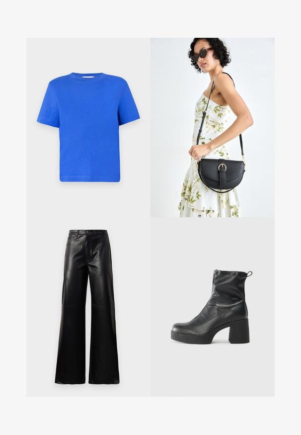 Kék, rövid ujjú pamut póló. Kerek nyakkivágással és egyszerű, egyszínű dizájnnal rendelkezik. Simább textúra, laza szabás.; Fekete, magas derekú, széles lábú, műbőr nadrág elülső gombbal, cipzárral, övbújtatókkal és oldalsó zsebekkel, fehér háttérrel.; Fekete bokacsizmák sima bőrből, oldalsó cipzárral, vastag, texturált sarkú és lekerekített orrú dizájnnal.; Fekete bőrtáska ívelt formával, levehető pánttal és arany színű fémrészekkel. A táskán egy csattal díszített fedél található.