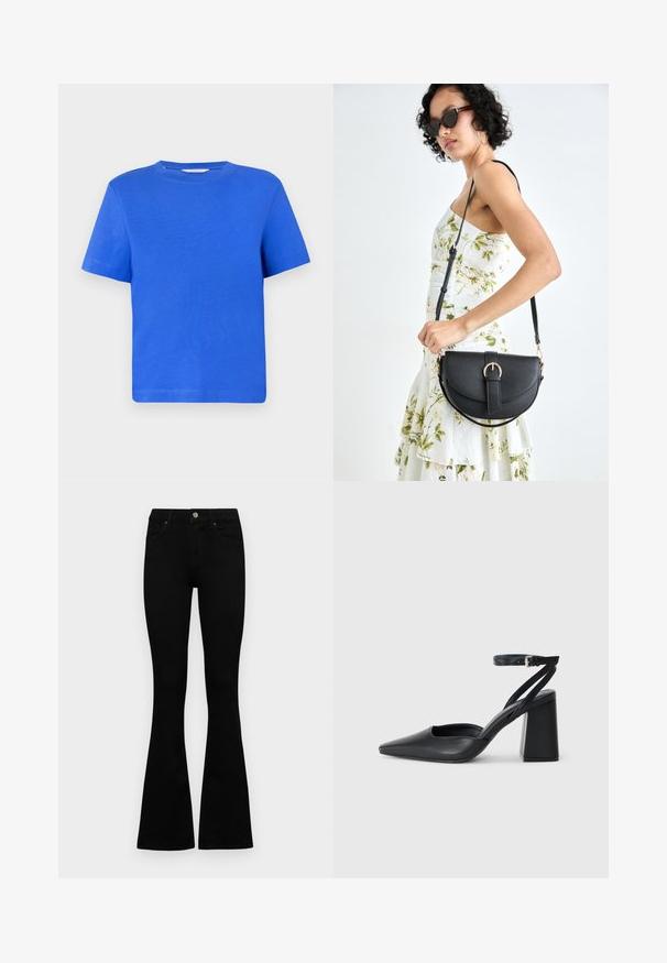 Kék, rövid ujjú pamut póló. Kerek nyakkivágással és egyszerű, egyszínű dizájnnal rendelkezik. Simább textúra, laza szabás.; Fekete, magas derekú farmernadrág gomb- és cipzárzárral, elülső zsebekkel és harangszárral, laposan egy fehér háttérre terítve.; Fekete bőr, hegyes orrú magassarkú cipő boka pánttal és vastag sarokkal. Sima textúra, elegáns dizájn és minimális esztétika.; Fekete bőrtáska ívelt formával, levehető pánttal és arany színű fémrészekkel. A táskán egy csattal díszített fedél található.
