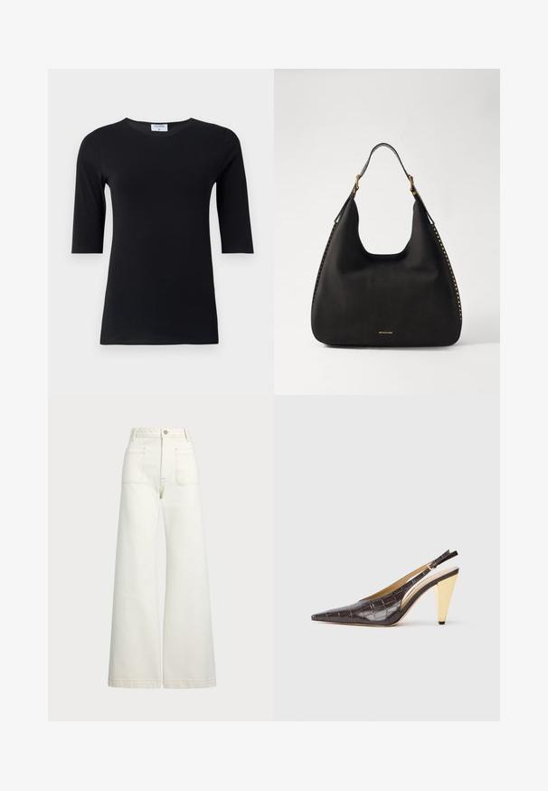 Melnas garās piedurknes blūze, izgatavota no mīkstas, elastīgas auduma. Iezīmes apaļu kakla izgriezumu un piegulošu siluetu ar vidēja garuma piedurknēm.; Platās kājas džinsi off-white denima. Augsta jostasvieta ar pogu aizdari, divas priekšējās kabatas un kontrastējošas šuvju detaļas.; Garinātā pīsma zole ar atvērtiem papēžiem, tumši brūnā spīdīgā mākslīgā krokodila ādā. Iezīmējas ar zelta krāsas ģeometrisku papēdi un regulējamu potītes jostu.; MICHAEL Michael Kors NOLITA HOBO  - Rokassoma - black