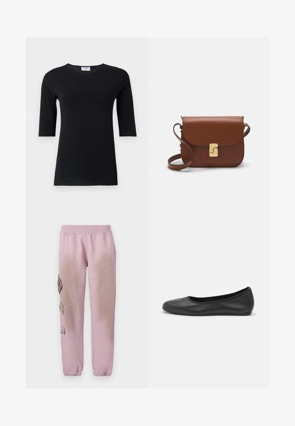 Musta pitkähihaine paita, joka on valmistettu pehmeästä, joustavasta kankaasta. Siinä on pyöreä pääntie ja istuva siluetti, jossa on puolipitkät hihat.; Vaaleanpunaiset hikoiluhousut, joissa on joustava vyötärö, ja vasemmalla puolella koristeellisia timantinmuotoisia alueita, sekä joustavat hihnat nilkoissa.; Musta nahkainen ballerina, jossa on pyöristetty kärki, sileä pinta, minimaalinen ommelkoristelu ja joustava pohjamuotoilu.; Ruskea nahkainen käsilaukku, jossa on läppäkiinnitys, kultasävyiset yksityiskohdat, olkahihna ja sileä pinta. Kompaktin suorakaiteen muotoinen.