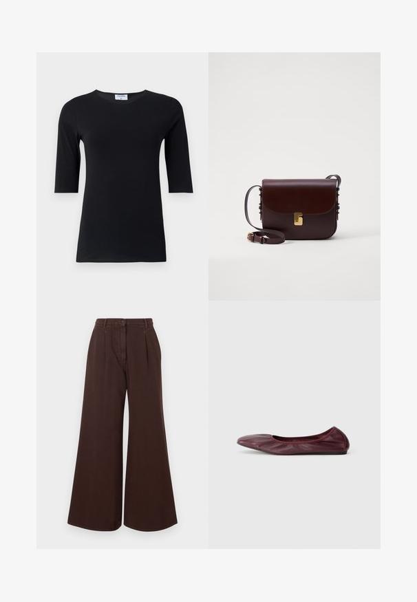 Čierny dlhý rukáv top vyrobený z mäkkej, elastickej tkaniny. Má okrúhly výstrih a priliehavý strih s rukávmi strednej dĺžky.; Hnedé nohavice so širokými nohavicami a vysokým pásom, so zapínaním na gombík a zips, pútkami na opasok a prednými skladmi.; Balerínky v hlbokom burgundskom koži, s zaoblenou špičkou, elastickým okrajom a hladkým povrchom so subtilným detailom skladania.; Hnedá kožená taška so zavieraním na klopu, zlatými kovovými detailmi a nastaviteľným popruhom. Má hladký povrch a elegantný obdĺžnikový tvar.