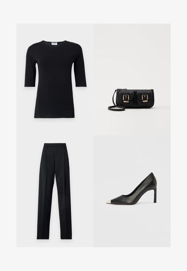 Zwart langemouwtop gemaakt van zachte, rekbare stof. Heeft een ronde halslijn en een aansluitende pasvorm met halflange mouwen.; Zwarte broek gemaakt van gladde stof met een hoge taille, wijde benen, voorplooien en klassieke ceintuurlussen. Geen zijzakken zichtbaar.; Zwarte leren hoge hak met een spits toelopende neus en een metalen zilverkleurige kap. Heeft een gladde afwerking en een slanke hak van 10 cm.; Zwarte leren schoudertas met twee vo pockets, gouden gespen, ritsluiting en een smalle band. Tekstuur oppervlak en compacte rechthoekige vorm.