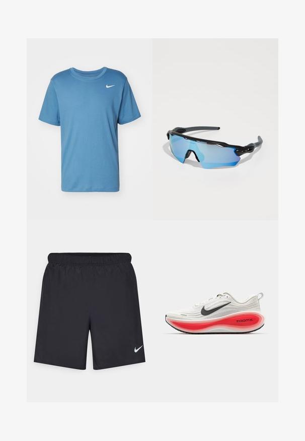 Nike Performance TEE CREW SOLID - Spordi T-särk - aegean storm; Mustad mustikud lühikesed püksid, mis on valmistatud kergest materjalist ja millel on elastne vöökoht. Alumisel vasakul küljel on väike valge Nike logo.; Nike jooksujalanõud valge kudumisega pealispinna, musta Swoosh'i ja paksu punase ja valge pehmendusega tallaga, mille peal on silt "ZOOMX". Musta haarde tallaga.; Spordiprillid musta raamiga, suurte siniste läätsedega ja robustse disainiga. Neil on täiustatud ümbermoodustav katvus.