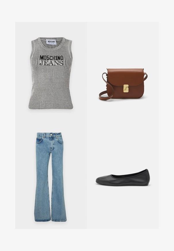 Bezramionowy, prążkowany top w kolorze srebrnym i czarnym z logo "MOSCHINO JEANS". Posiada okrągły dekolt oraz dopasowany krój, wykonany z teksturowanej tkaniny.; Jasnoniebieskie dżinsy w fasonie dzwonów, wykonane z denimu, z wysokim stanem, kieszeniami z przodu i postrzępionymi brzegami, zapewniające luźny krój.; Czarne skórzane baletki z zaokrąglonym noskiem, gładką fakturą, minimalnymi przeszyciami i elastycznym designem podeszwy.; Brązowa skórzana torebka na ramię z klapką, złotymi detalami, paskiem na ramię i gładką teksturą. Kompaktowy prostokątny kształt.