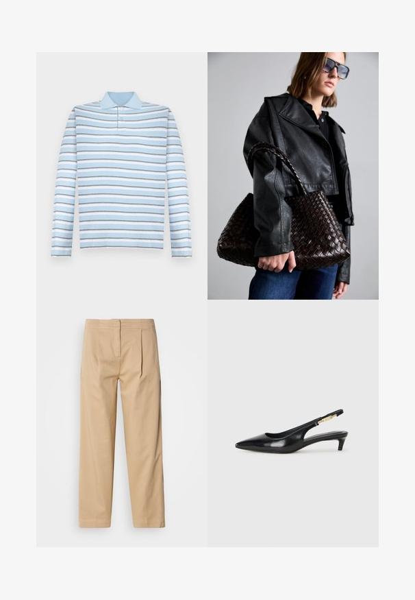 Light blue long-sleeve polo shirt with horizontal gray and white stripes and a collared neckline.; Beige cotton pants with a relaxed fit, featuring two front pleats, a straight leg, and a classic button closure at the waistband.; Black leather slingback heels with a pointed toe, featuring a slim heel and a gold-tone accent on the adjustable strap. Smooth texture.; DRAGON DIFFUSION SANTA CROCE BIG - Handbag - dark brown