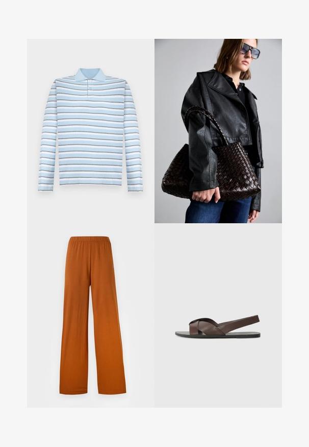 Svijetloplava dugoslavna polo majica s horizontalnim sivim i bijelim prugama i ovratnikom.; Hlače širokih nogavica u toploj narančasto-smeđoj boji, izrađene od mekog materijala s elastičnom gumicom u struku. Glatka tekstura, bez vidljivih uzoraka ili naglaska.; Smeđe kožne sandale s dizajnom križne trake, ravnim crnim đonom i podesivom stražnjom trakom. Glatka tekstura i minimalni detalji hardvera.; DRAGON DIFFUSION SANTA CROCE BIG - Ručna torba - dark brown