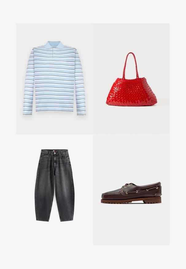 Jasnoniebieska, długosleeva polo z poziomymi szarymi i białymi paskami oraz kołnierzykiem.; Czarny dżinsowy jeans o wysokim stanie z luźnym krojem, z pięcioma kieszeniami, szlufkami na pasek oraz metką z logo na pasek.; Brązowe skórzane buty w stylu boat shoe z złotymi oczkami, okrągłymi sznurowadłami oraz teksturowaną brązową gumową podeszwą. Zawierają przeszycia i wypukłe logo.; Czerwona pleciona torba o błyszczącej powierzchni, z plecionymi uchwytami. Charakterystyczny trójkątny kształt i teksturowana powierzchnia z ciasnym wzorem.