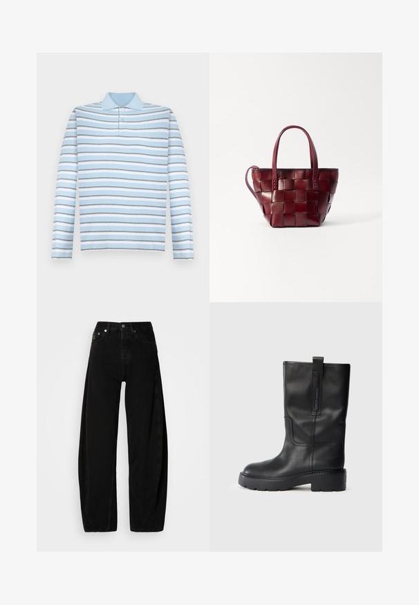 Light blue long-sleeve polo shirt with horizontal gray and white stripes and a collared neckline.; Black denim wide-leg trousers with a high waist, featuring a button fly, five pockets, and minimal stitching details.; Black leather knee-high boots with a sleek design, featuring a thick sole and a side pull tab for easy wear. Notable stitching accents.; Woven burgundy leather tote bag with two short handles and a detachable shoulder strap. Features a structured shape and smooth texture.
