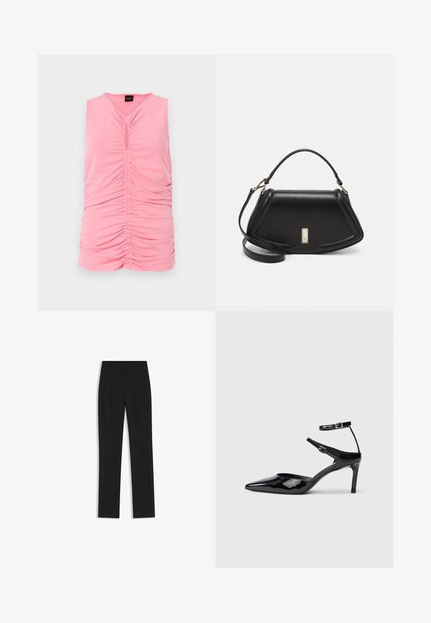 Top sin mangas de color rosa, hecho de una tela suave, con textura fruncida y un corte en forma de ojo de cerradura en el escote. Diseño suave y ajustado.; Pantalones de traje negros con un diseño de pierna recta, que cuentan con bolsillos delanteros y una tela suave y texturizada. Detalles limpios y minimalistas.; Tacones de charol negros con puntera puntiaguda, correas ajustables en el tobillo y un tacón delgado. Textura suave con un acabado brillante.; Bolso de mano de cuero negro con un diseño estructurado, que presenta una forma recortada, asa superior y acentos en dorado. Correa de hombro ajustable incluida.