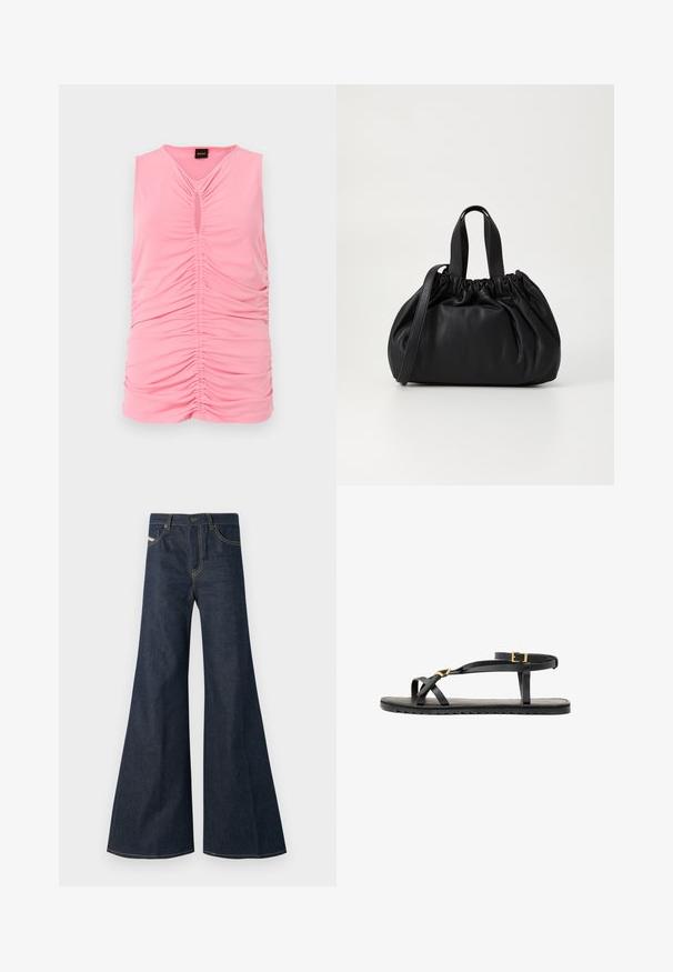 Sleeveless pink top made of soft fabric, featuring gathered texture and a keyhole cutout at the neckline. Smooth, fitted design.; Dark blue flared jeans made of denim, featuring a high waist, gold stitching accents, and two front pockets with a button closure.; Black leather sandals with thin straps and a buckled ankle strap. Flat sole with a textured finish and zigzag edge. Minimalist design.; Black leather handbag with a gathered top design, featuring two short handles and a long adjustable strap. Smooth texture, rounded shape.