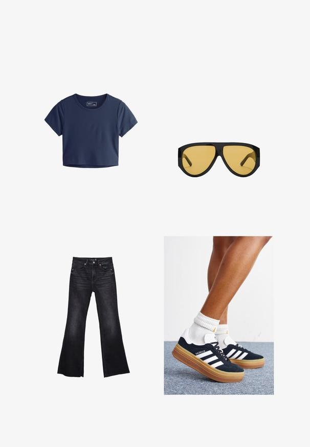 Navyblaues, kurzes T-Shirt aus glattem Stoff mit kurzen Ärmeln, rundem Halsausschnitt und minimalen Nahtdetails. Markenlabel innen sichtbar.; Schwarze, ausgestellte Jeans aus Denim mit leicht verwaschenem Textur. Verfügt über Fronttaschen, einen Reißverschluss und sichtbare Nähte.; Schwarze Wildledersneaker mit weißen Streifen und Akzenten, rundlicher Zehenbereich, Sohlen aus braunem Gummi, kombiniert mit weißen, gerippten Sneakersocken.; Sonnenbrille mit einem eleganten, schwarzen Kunststoffrahmen und gelb getönten Gläsern, in einer markanten, eckigen Form und breiten Schläfen für zusätzlichen Schutz.; Schwarze Lackleder-Handtasche mit geschwungenem Design, einem Schulterriemen, Vordertaschen und silberfarbenen Hardware-Akzenten.