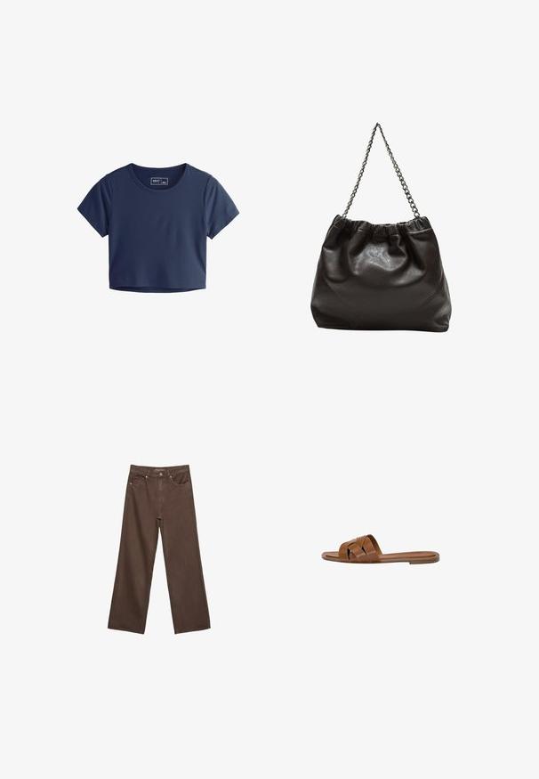 Tamno plava skraćena majica kratkih rukava izrađena od glatkog materijala, s okruglim izrezom i minimalnim detaljima šivanja. Unutra je vidljiva oznaka branda.; Proširene smeđe traperice od denima, s visokim strukom, prednjim džepovima i klasičnom kopčom na dugme. Glatka tekstura s suptilnim šavovima.; Smeđe kožne sandale na klizanje s ukriženim trakama, ravnim potplatom i glatkom površinom. Jednostavan dizajn bez ukrasa ili uzoraka.; Smeđa kožna torba s naboranim vrhom i lančićem za nošenje. Glatka tekstura s sjajnim završetkom i suptilnim šavnim detaljima sa strane.