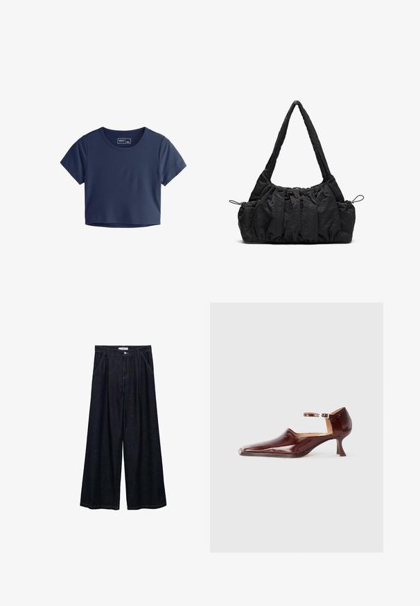 Námornícky modré skrátené tričko vyrobené z hladkej tkaniny, s krátkymi rukávmi, okrúhlym výstrihom a minimálnymi detailmi šitia. Značkový štítok je viditeľný vo vnútri.; Tmavé denim široké nohavice s vysokým pásom, vybavené predným zapínaním na gombík, dvoma bočnými vreckami a detailmi šitia.; Burgundské lakované topánky s úzkou špicou, remienkom okolo členku a 5 cm zúženým opätkom. Hladký povrch a minimalistický dizajn.; Čierna textilná taška so zhrnutou textúrou, dvoma ramennými popruhmi a sťahovacím uzáverom na stranách. Hladký, ľahký materiál.